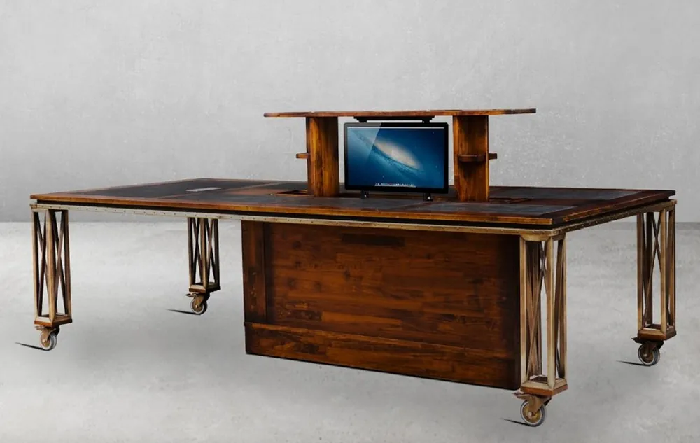 Casa Padrino luxury vintage style desk brown / brass / black 270 x 120 x H. 76 cm - Solid wood office table with wheels - Vintage style office furniture - Luxury office furniture Geprüft