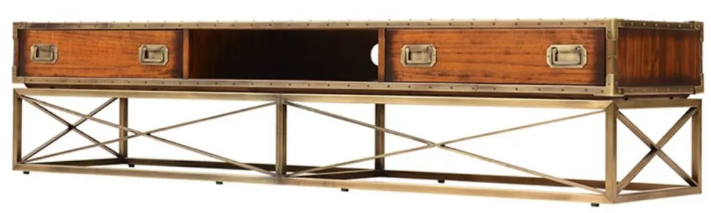 Preisreduziert Casa Padrino Luxury Vintage Style TV Cabinet Brown / Brass 188 x 45.5 x H. 41.5 cm - Vintage Style Sideboard with 2 Drawers - Vintage Style Living Room Furniture - Luxury Living Room Furniture
