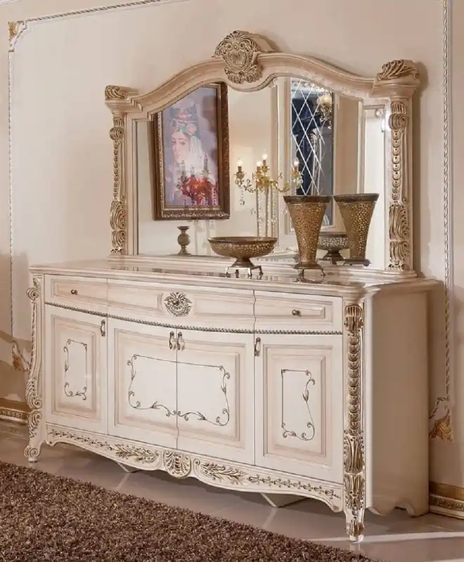 Casa Padrino luxury baroque furniture set white / beige / gold - 1 Baroque Sideboard with 4 Doors and 3 Drawers & 1 Baroque Wall Mirror - Luxury furniture in baroque style - Baroque furniture Finale Aktion