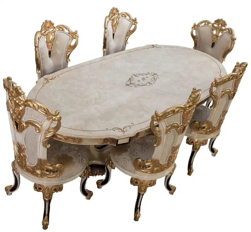 Casa Padrino luxury baroque dining table cream / beige / black / gold - Oval baroque style kitchen table - Luxury baroque dining room furniture - Baroque dining room furniture Angebot