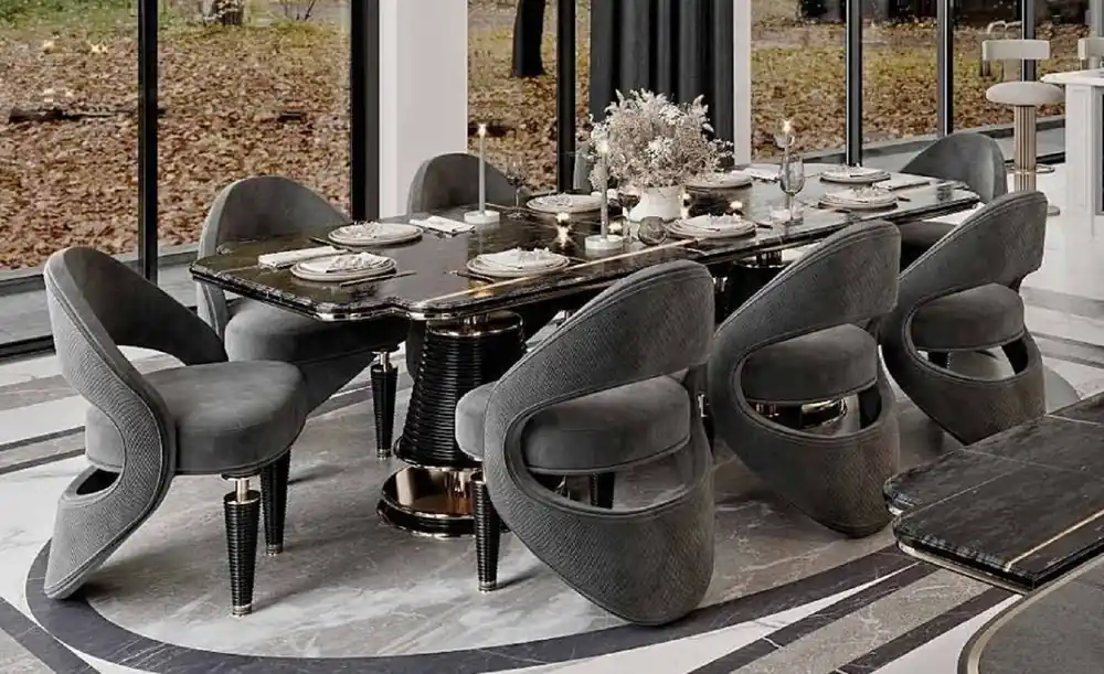 Knallerangebot Casa Padrino Luxury Dining Room Furniture Set Gray / Black / Gold - 1 Luxury Dining Table with Faux Marble Top & 8 Luxury Dining Chairs - Dining Room Furniture - Luxury Furniture