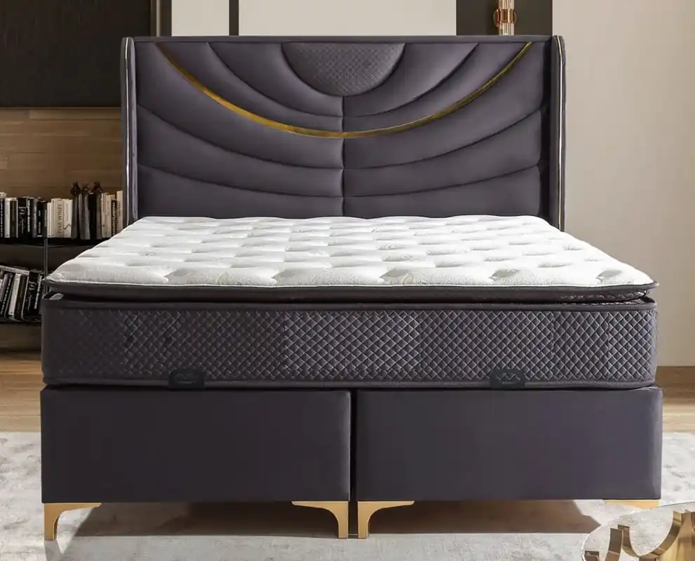 Bestpreis Casa Padrino Luxury Double Bed Purple / Gold - Different Sizes - Solid Wood Bed with Headboard and Mattress - Hotel Furniture - Bedroom Furniture - Luxury Furniture
