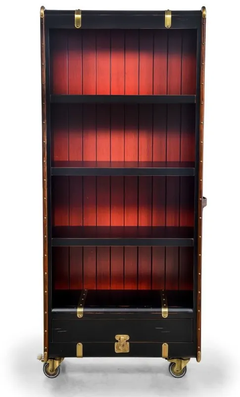 Casa Padrino luxury shelf cabinet in suitcase optics black / red / brown / brass 84 x 35 x H. 200 cm - Solid wood suitcase cabinet with wheels - Office cabinet - Office furniture - Luxury furniture Schneller Versand