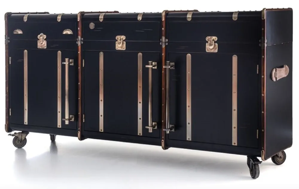 Casa Padrino luxury sideboard in suitcase optics black / brown / brass 200 x 48 x H. 101 cm - Solid wood suitcase cabinet with wheels - Office cabinet - Living room cabinet - Luxury furniture Neu Im Sortiment