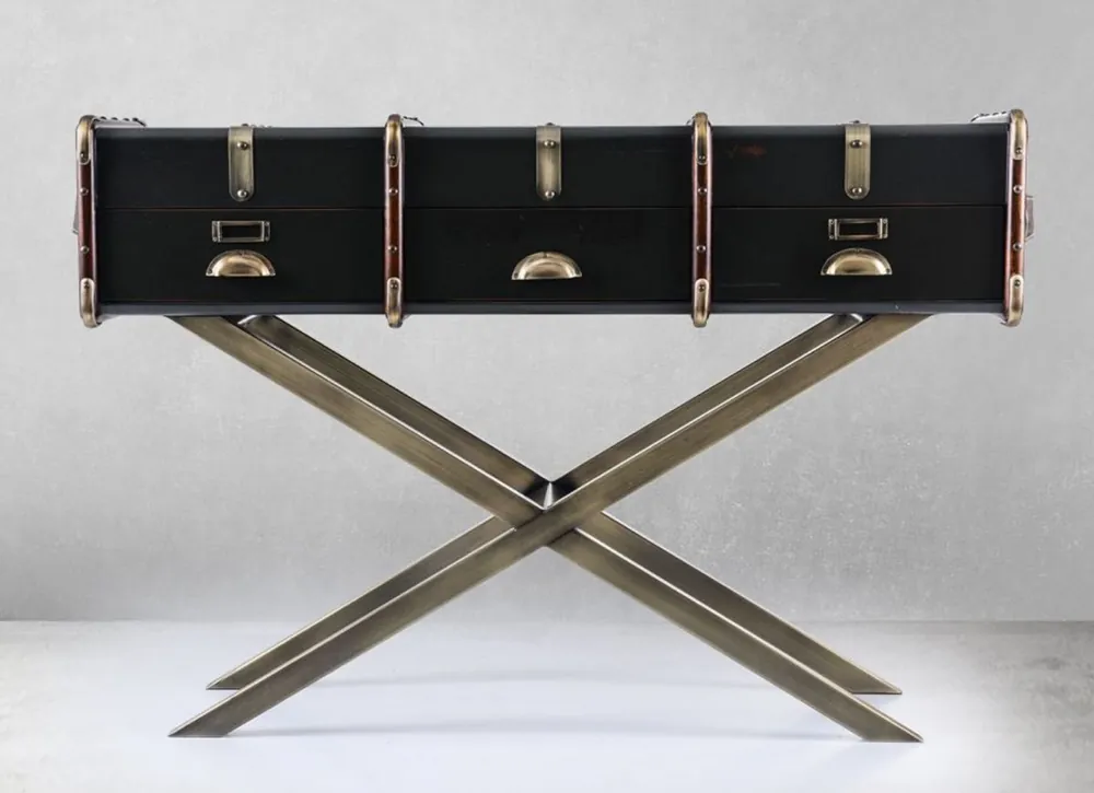 Ausverkauf Casa Padrino luxury console in suitcase optics black / brown / brass 120 x 39 x H. 83 cm - Console table with 3 drawers - Bedroom console - Bedroom furniture - Luxury furniture in suitcase optics