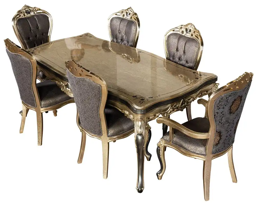 Casa Padrino luxury baroque dining room set purple / antique gold / black - 1 Baroque Dining Table & 6 Baroque Dining Chairs - Luxury dining room furniture in baroque style - Baroque furniture Markenware