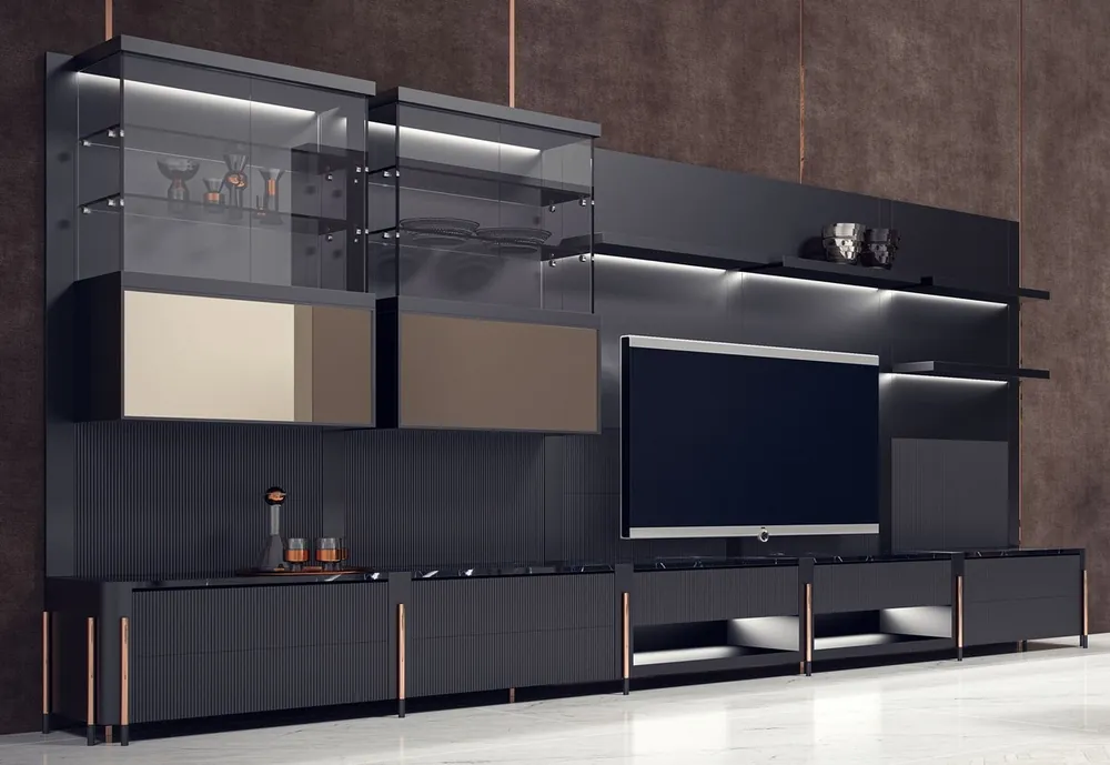 Casa Padrino luxury TV cabinet matt black / black / copper 452 x 47 x H. 202 cm - Living room cabinet with LED lighting - Living room furniture - Hotel furniture - Luxury furniture Knallerangebot