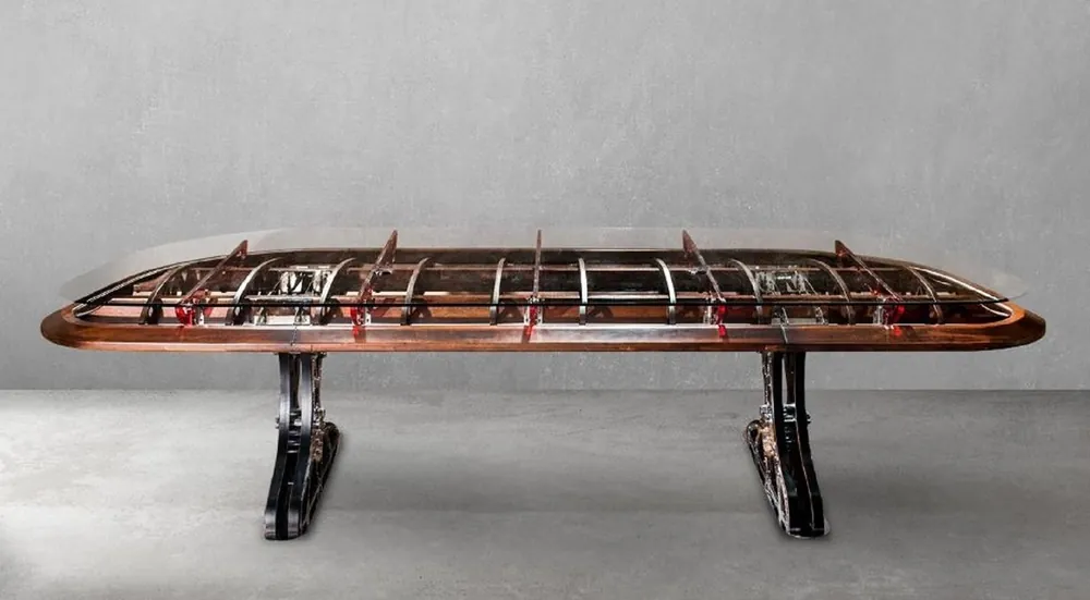 Casa Padrino luxury industrial style desk with glass top silver / brown / red 333 x 125 x H. 78.5 cm - Industrial style office table - Industrial style office furniture - Industrial style furniture Mega-Angebot