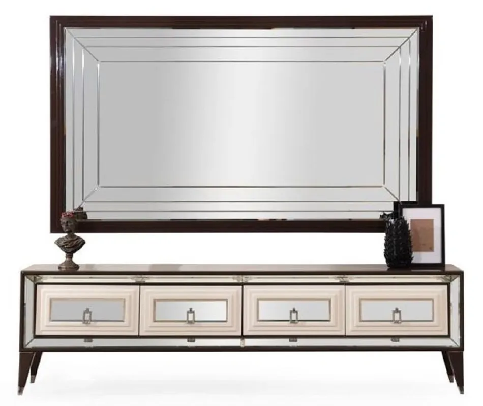 Casa Padrino luxury TV cabinet set dark brown / cream / silver - Mirrored living room sideboard with TV back wall - Living room furniture - Luxury furniture - Luxury furnishings Direkt Vom Hersteller