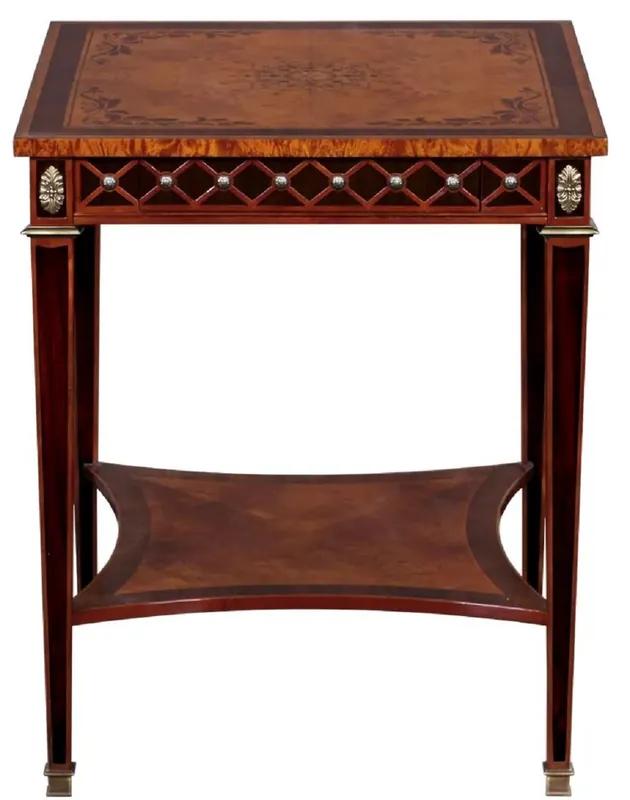 Casa Padrino luxury Art Deco side table natural / brown marquetry / silver / antique brass 61 x 61 x H. 77 cm - Square solid wood table with drawer - Luxury Art Deco living room furniture Preisreduziert