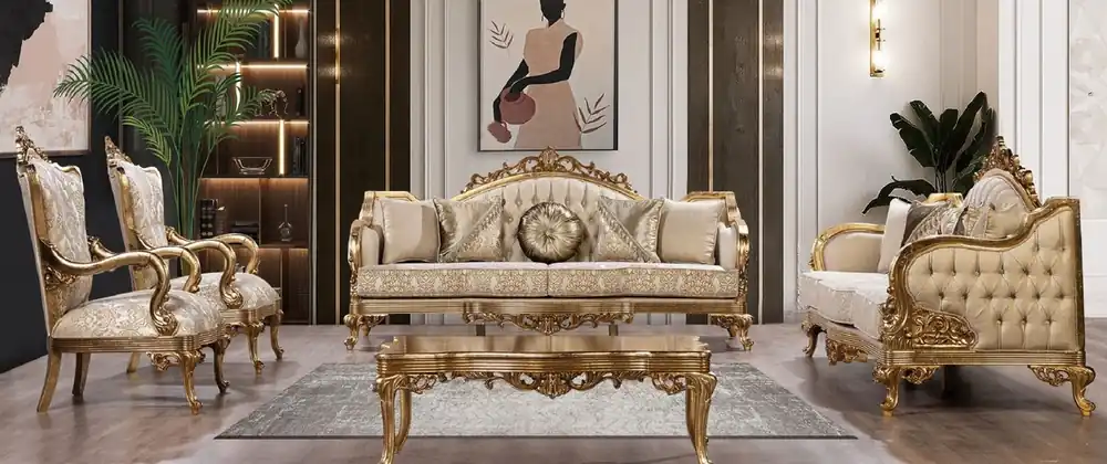 Sale Casa Padrino luxury baroque living room set gold / antique gold - 2 Baroque Sofas & 2 Baroque Armchairs & 1 Baroque Coffee Table - Luxury furniture in baroque style - Baroque furniture