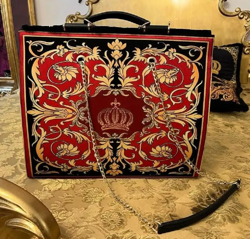 Pompöös by Casa Padrino Luxury Ladies Handbag Crown and Rhinestones Red / Black / Gold 43 x H. 43 cm - designed by Harald Glööckler Markenprodukt