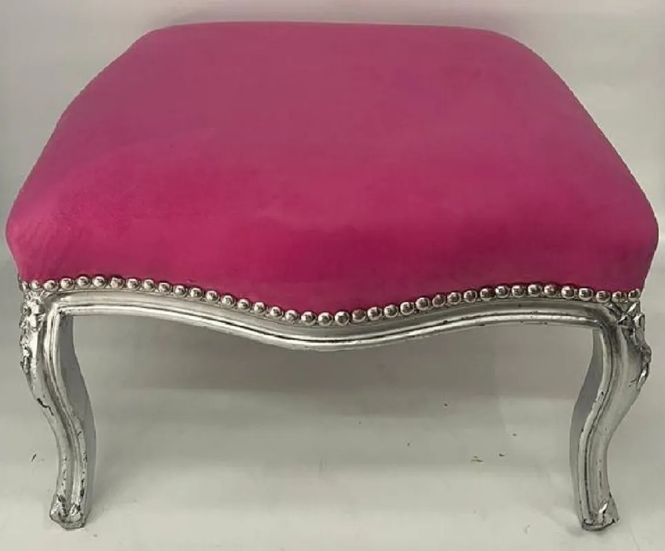 Zertifiziert Casa Padrino luxury baroque stool pink / silver - Handmade baroque style stool - Baroque footstool - Living room furniture in baroque style - Baroque style furniture - Baroque furniture