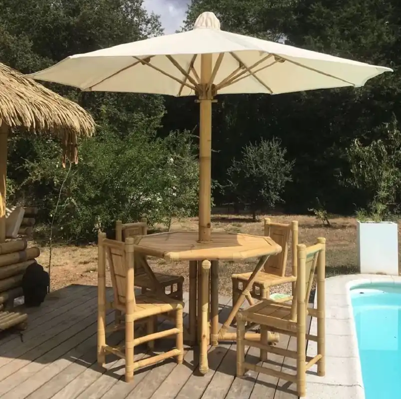 Highlight Casa Padrino Luxury Bamboo Garden Furniture Set Natural / Cream - 1 Bamboo Garden Table with Parasol & 4 Bamboo Garden Chairs - Garden Furniture - Bamboo Furniture - Luxury Furniture