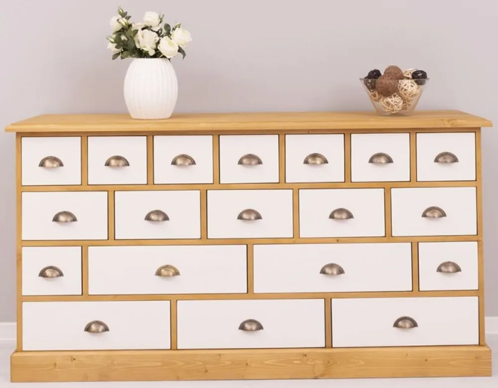 Jetzt Bestellen Casa Padrino country style chest of drawers natural / white 180 x 48 x H. 95 cm - Solid wood cabinet with 19 drawers - Country style furniture - Furniture in country style