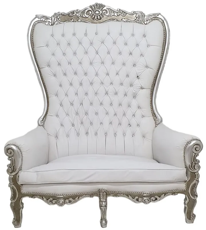 Sofort Bestellen Casa Padrino baroque high back 2 seater sofa white / silver - Magnificent baroque style faux leather sofa with rhinestones - Baroque style living room furniture - Baroque furniture