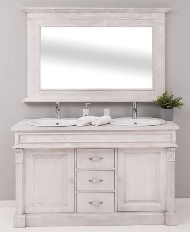 Casa Padrino Country Style Bathroom Set Light Gray - 1 Double Washstand & 2 Sinks & 2 Taps & 1 Wall Mirror - Solid Wood Bathroom Furniture in Country Style Ausverkauf