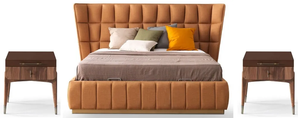 Casa Padrino luxury bedroom set light brown / brown - 1 Double Bed with Headboard & 2 Bedside Tables - Luxury bedroom furniture - Luxury bedroom furnishings Sonderangebot