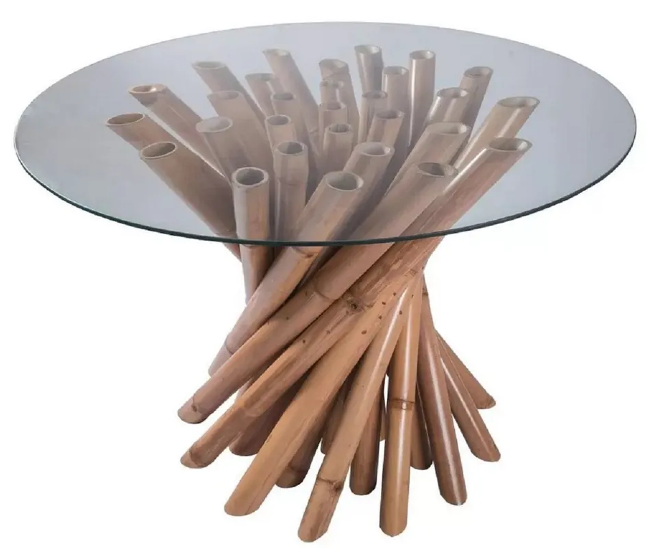 Casa Padrino luxury dining table natural Ø 120 x H. 80 cm - Round bamboo kitchen table with glass top - Dining room furniture - Bamboo furniture - Luxury furniture - Luxury dining room furnishings Online Kaufen