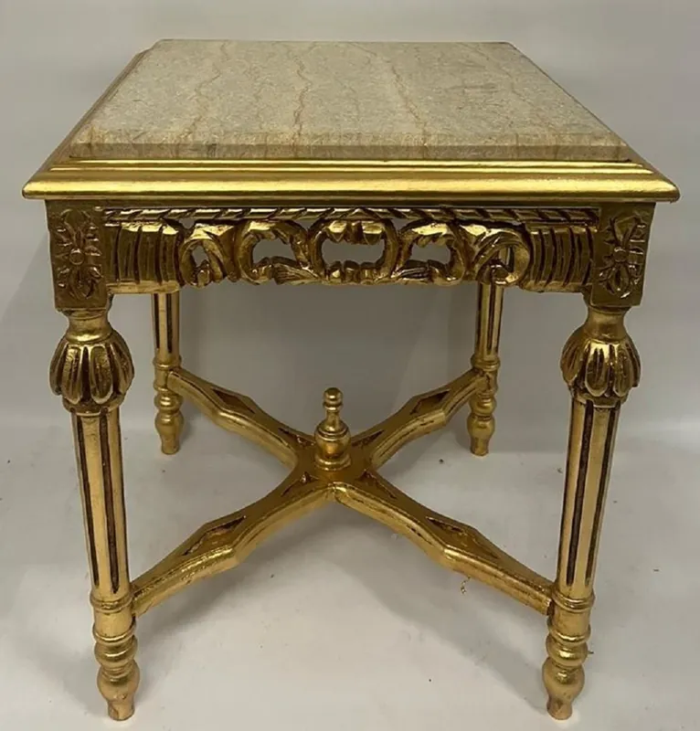 Casa Padrino baroque side table gold / beige - Square antique style solid wood table with marble top - Living room furniture in baroque style - Antique style furniture - Baroque furniture Heißes Angebot