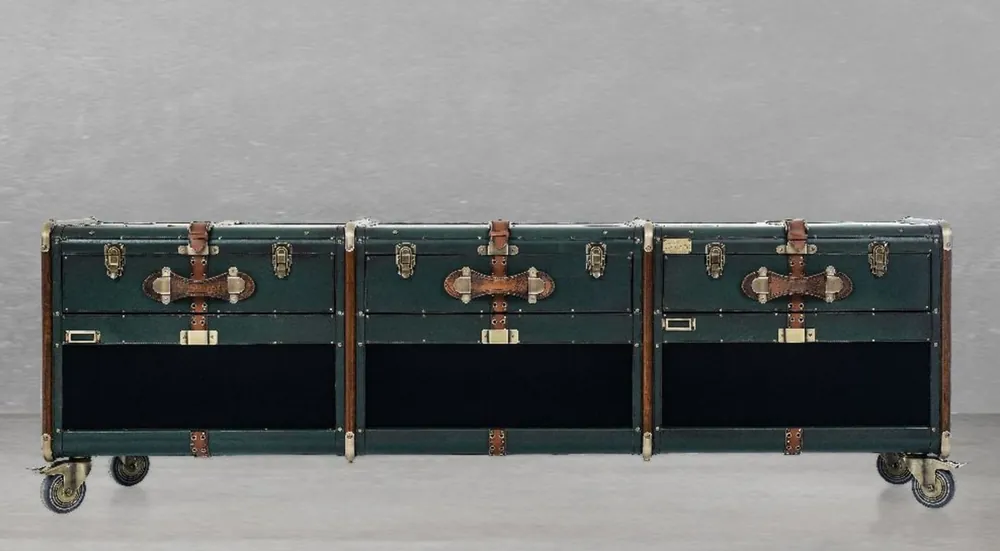 Nur Für Kurze Zeit Casa Padrino luxury TV cabinet in suitcase optics green / brown / brass 201 x 48 x H. 65 cm - Solid wood suitcase cabinet with wheels - Living room cabinet - Luxury furniture in suitcase optics