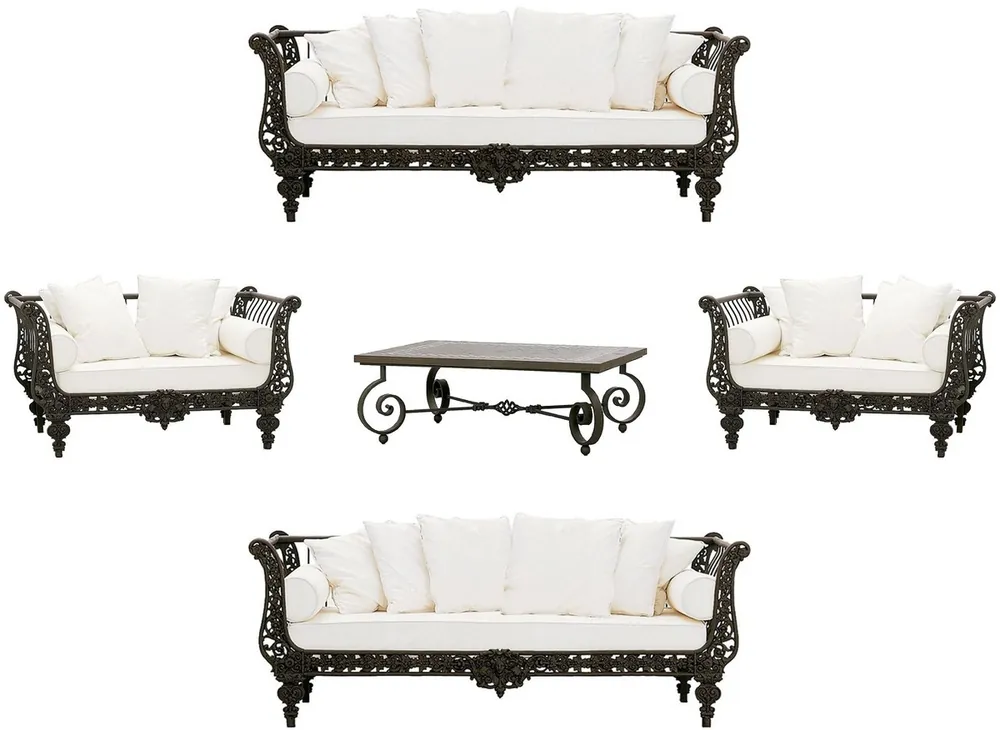 Letzte Chance Casa Padrino Luxury Baroque Wrought Iron Furniture Set Dark Brown / White - 2 Sofas & 2 Armchairs & 1 Coffee Table - Living Room Furniture - Garden Furniture - Luxury Baroque Furniture