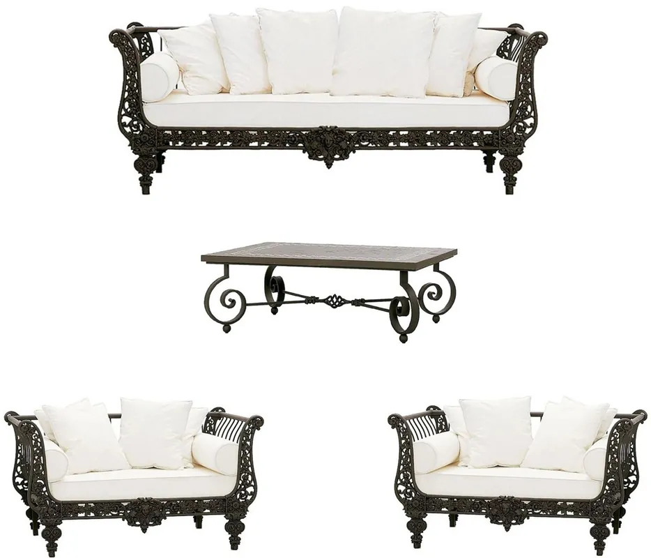 Casa Padrino Luxury Baroque Wrought Iron Furniture Set Dark Brown / White - 1 Sofa & 2 Armchairs & 1 Coffee Table - Living Room Furniture - Garden Furniture - Luxury Baroque Furniture Echt