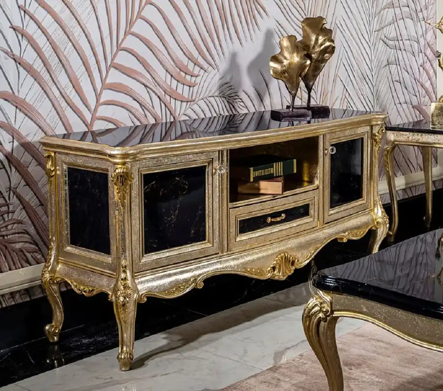 Casa Padrino luxury baroque TV cabinet silver / black / gold - Magnificent solid wood sideboard with 2 doors and drawer - Living room furniture in baroque style - Baroque furniture Geprüft