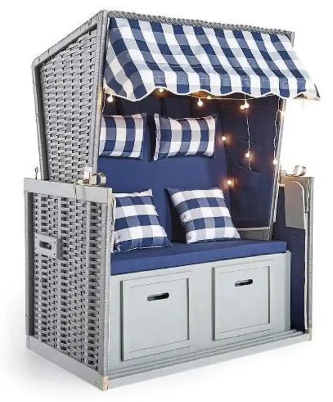 Neue Ware Casa Padrino beach chair gray / blue / white 116 x 76 x H. 160 cm - Wooden beach chair with roof and LED lighting - Garden furniture - Pool furniture - Outdoor furniture