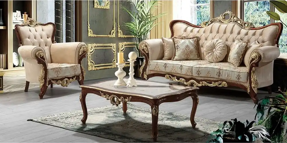Casa Padrino luxury baroque living room set beige / brown / gold - 1 Baroque Sofa with Pattern & 2 Baroque Armchairs with Pattern & 1 Baroque Coffee Table - Baroque living room furniture Heißes Angebot
