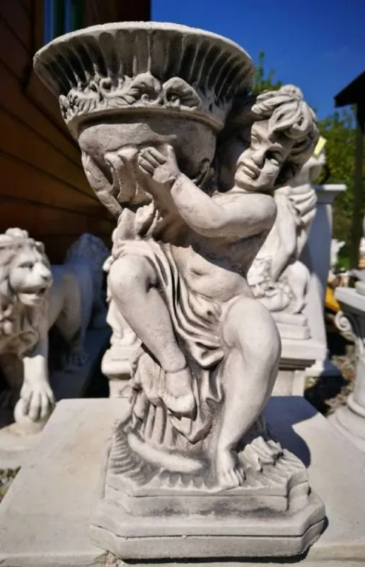 Schnäppchen Casa Padrino Art Nouveau Sculpture Boy with Flowerpot Gray H. 33 cm - Elegant Garden Decoration Stone Figure with Plant Pot - Baroque & Art Nouveau Garden Decoration Accessories