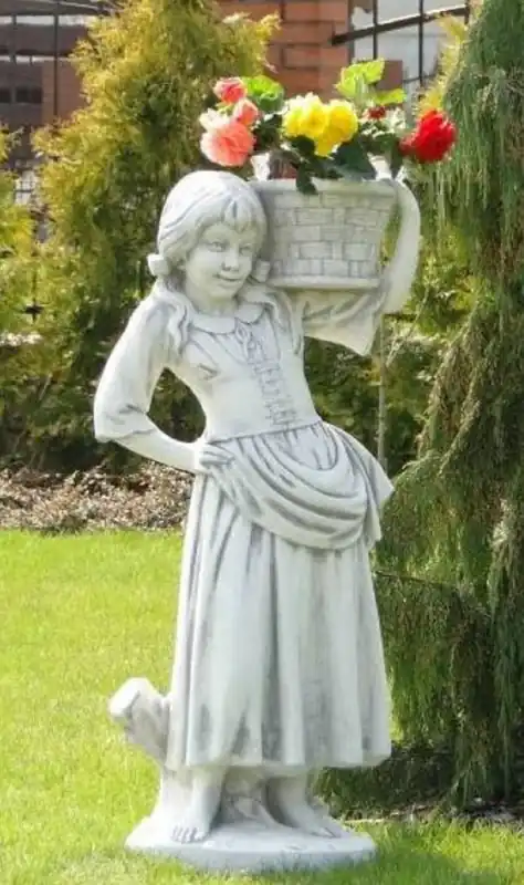 Casa Padrino Art Nouveau Sculpture Girl with Flowerpot Gray 50 x 40 x H. 67 cm - Elegant Garden Decoration Stone Figure with Plant Pot - Baroque & Art Nouveau Garden Decoration Accessories Sonderangebot