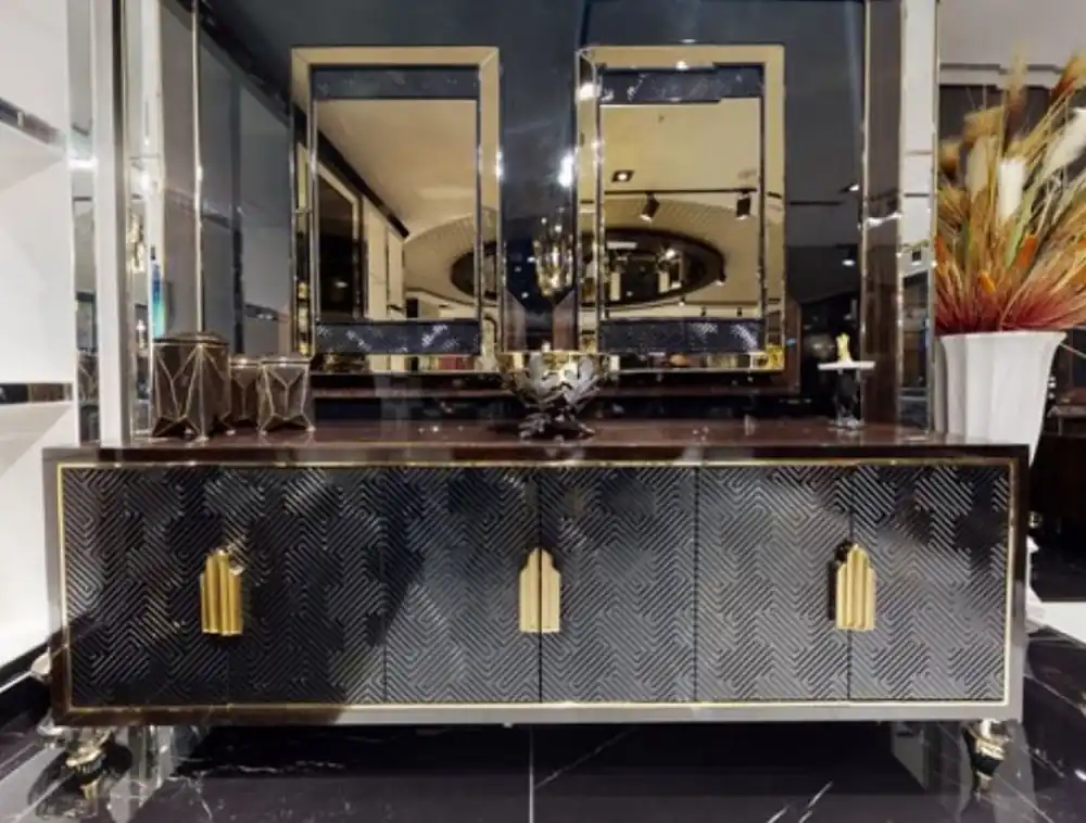 Casa Padrino luxury furniture set dark brown / black / gold - 1 Luxury Sideboard with 6 Doors & 2 Luxury Wall Mirrors - Luxury furniture - Luxury furnishings Rabatt