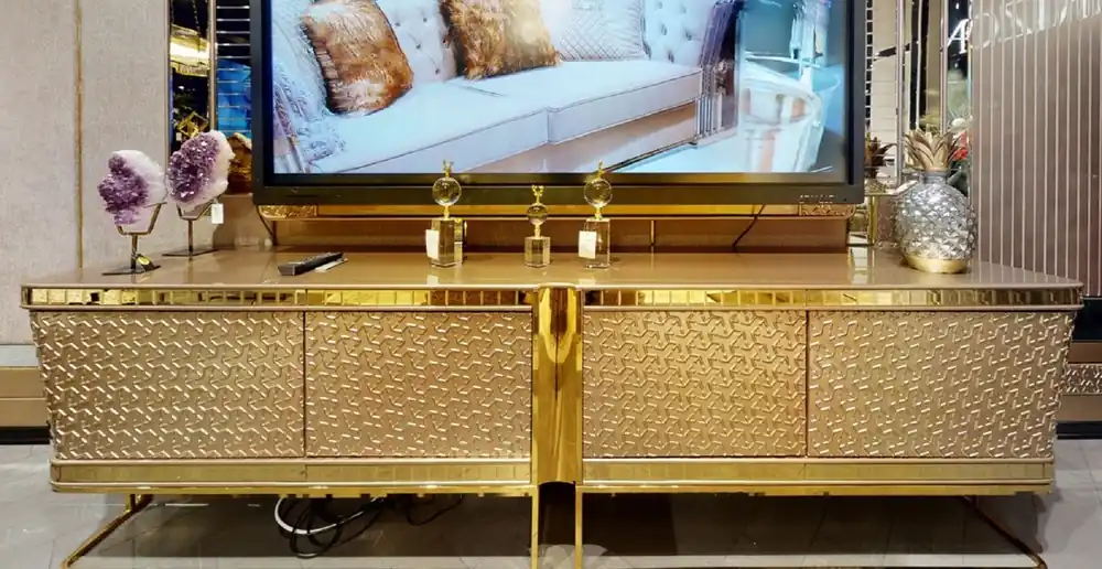 Casa Padrino luxury TV cabinet gray / gold 254 x 50 x H. 65 cm - Solid wood sideboard with 4 doors - Living room furniture - Luxury furniture - Luxury furnishings Neu Im Sortiment