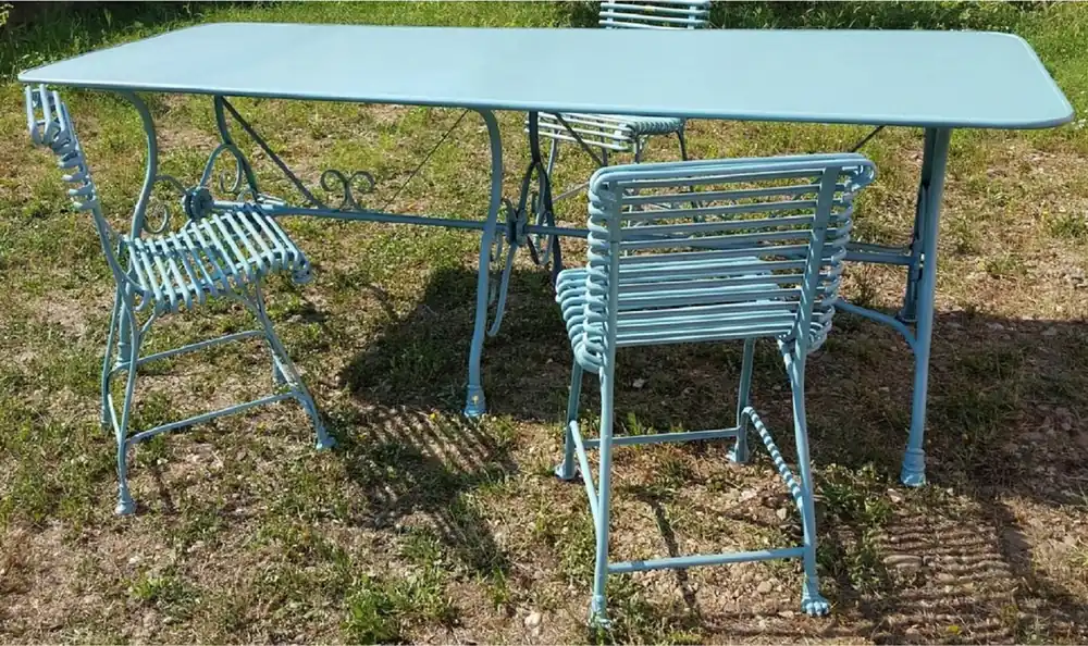 Casa Padrino Art Nouveau Wrought Iron Garden Furniture Set Light Blue - 1 Art Nouveau Garden Dining Table & 6 Art Nouveau Garden Chairs - Baroque & Art Nouveau Gastronomy & Garden Furniture Top-Preis