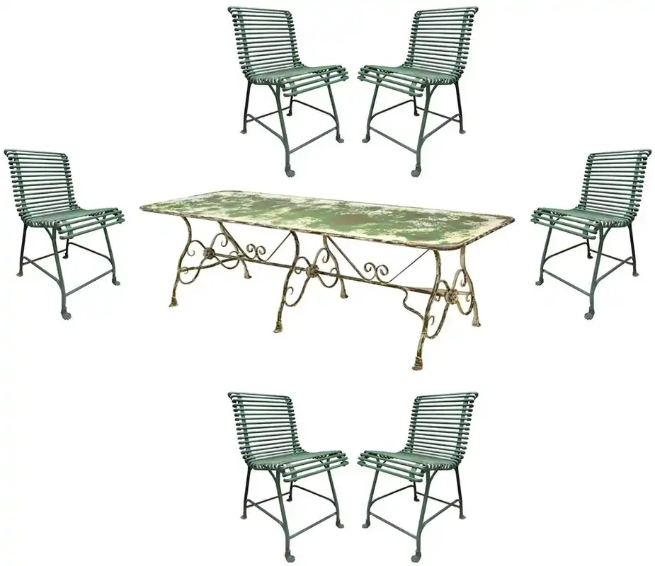 Casa Padrino Art Nouveau Wrought Iron Garden Furniture Set Antique Green - 1 Art Nouveau Garden Dining Table & 6 Art Nouveau Garden Chairs - Baroque & Art Nouveau Gastronomy & Garden Furniture Neuheit