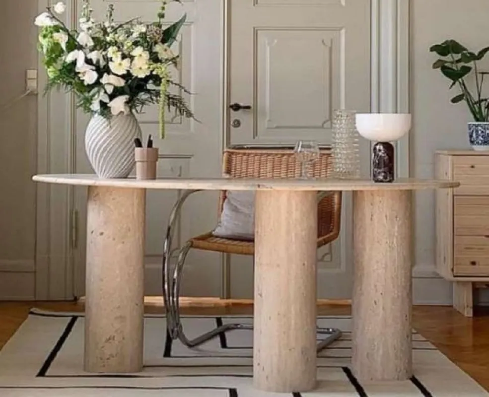Casa Padrino luxury travertine desk beige 200 x 80 x H. 72 cm - Curved natural stone office table - Office furniture - Travertine natural stone furniture - Luxury furniture - Luxury furnishings Angebot