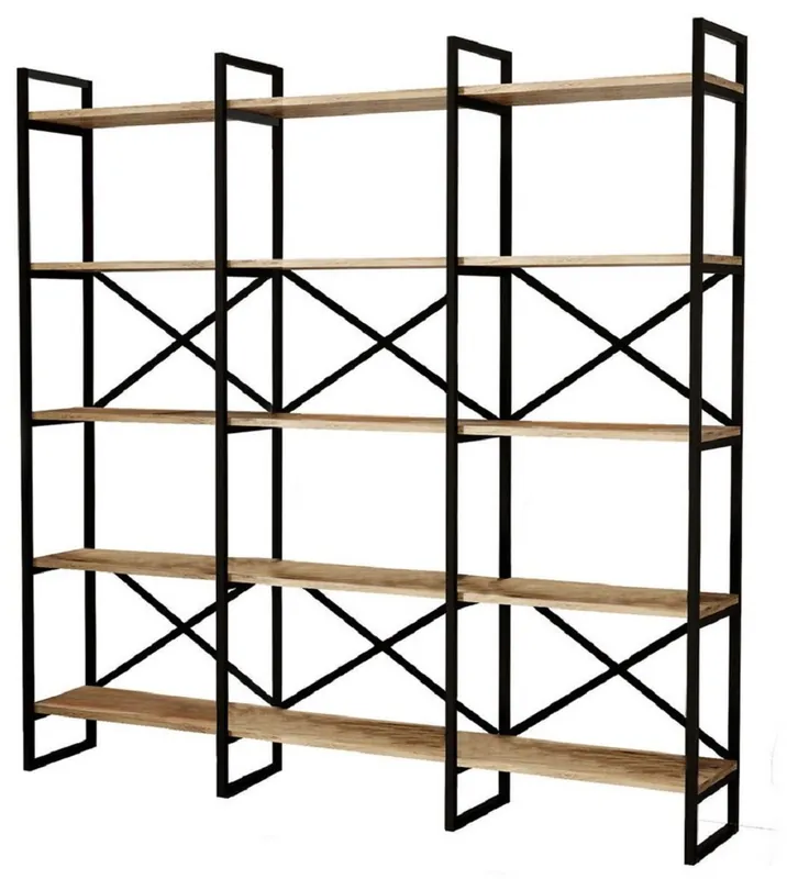 Casa Padrino luxury shelf cabinet with solid wood shelves black / natural 170 x 30 x H. 175 cm - Bookcase - Living room cabinet - Living room furniture - Office furniture - Luxury furniture Abverkauf