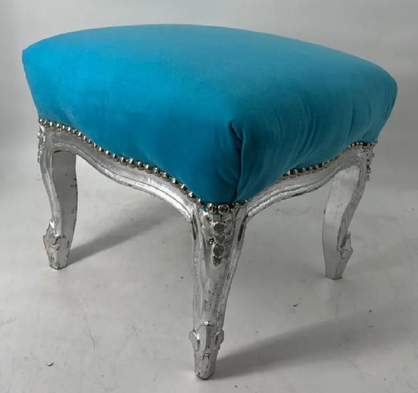 Sofort Bestellen Casa Padrino baroque footstool light blue / silver - Handmade antique style stool with fine velvet - Living room furniture in baroque style - Baroque furniture