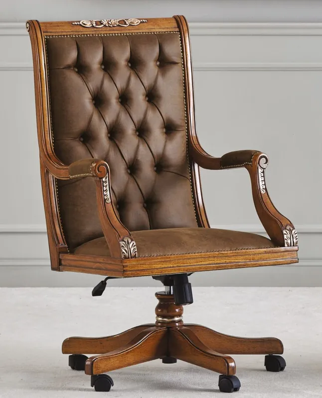 Bestseller Casa Padrino luxury baroque Chesterfield leather desk chair brown - Height adjustable baroque style office chair with high quality genuine leather - Baroque office furniture - Made in Italy