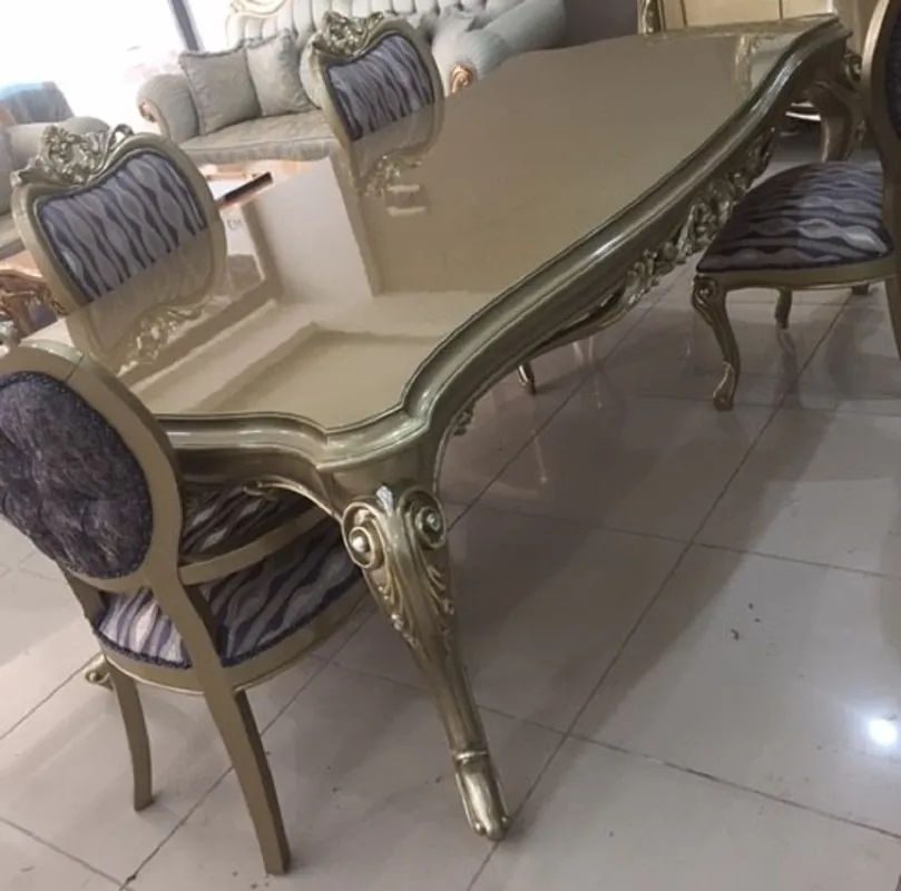 Preiswert Casa Padrino luxury baroque dining room set blue / gold / silver - 1 Baroque Dining Table & 6 Baroque Dining Chairs - Luxury dining room furniture in baroque style - Baroque furniture