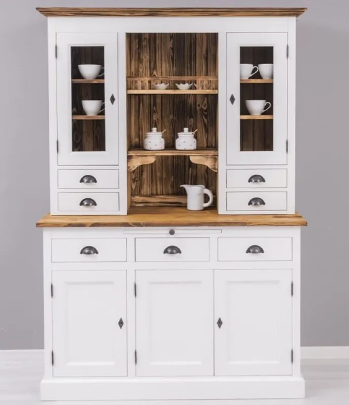 Casa Padrino country style dining room cabinet white / brown 137 x 50 x H. 197 cm - Solid wood kitchen cabinet - Dining room furniture in country style - Country style furnishings Sonderaktion