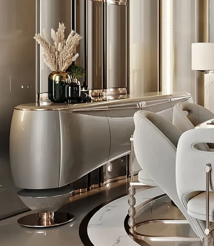 Casa Padrino luxury sideboard silver gray / copper 234.1 x 52.2 x H. 85.3 cm - Solid wood cabinet with 4 doors - Luxury furniture - Hotel furniture - Luxury furnishings Preisreduziert
