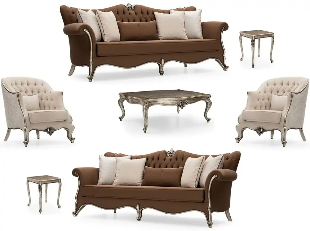 Neu Im Sortiment Casa Padrino luxury baroque living room set brown / cream / antique silver - 2 Sofas & 2 Armchairs & 1 Coffee Table & 2 Side Tables - Handmade baroque living room furniture - Noble & Magnificent