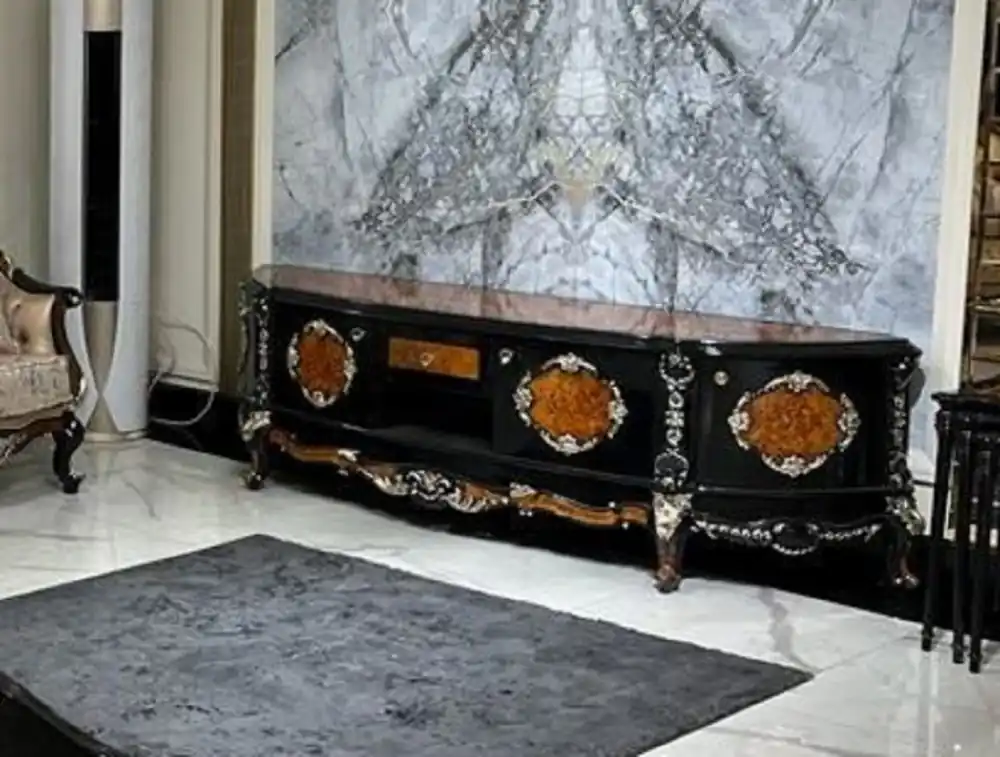Casa Padrino luxury baroque TV cabinet brown / black / silver - Magnificent solid wood sideboard with 4 doors and drawer - Living room furniture in baroque style - Baroque furniture Schnäppchen