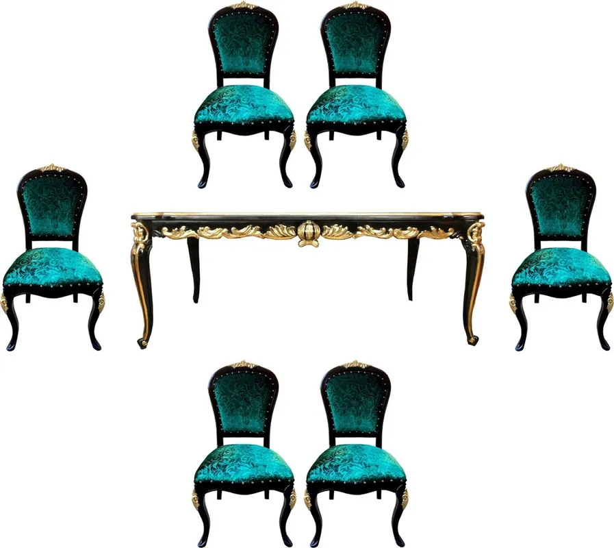 Pompöös by Casa Padrino Luxury Baroque Dining Room Set Green / Black / Gold - Pompöös Baroque Dining Table with Glass Top and 6 Baroque Dining Chairs designed by Harald Glööckler Nur Für Kurze Zeit
