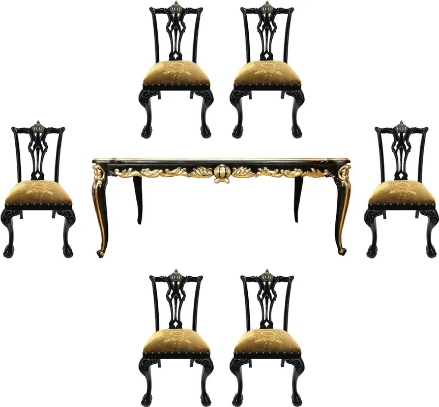 Geprüft Pompöös by Casa Padrino Luxury Baroque Dining Room Set Gold / Black - Pompöös Baroque Dining Table with Glass Top and 6 Baroque Dining Chairs designed by Harald Glööckler