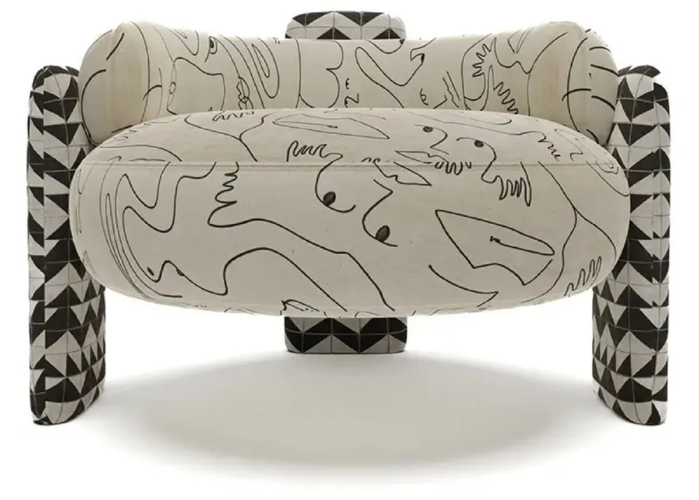 Markenprodukt Casa Padrino luxury designer velvet armchair cream / black / white 96 x 85 x H. 68 cm - Living room armchair - Living room furniture - Hotel furniture - Luxury designer furniture