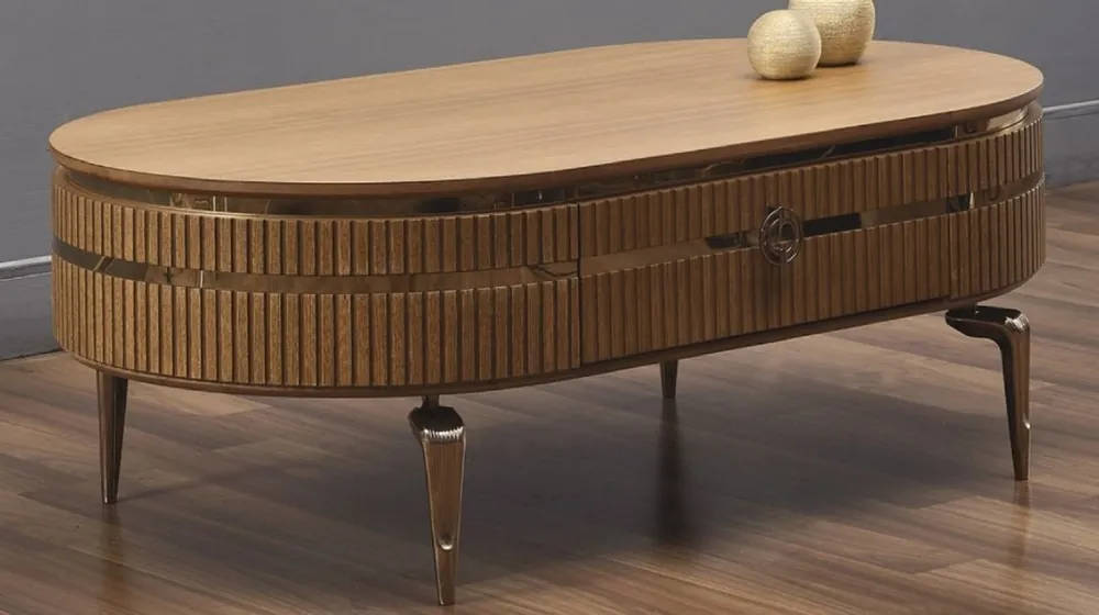 Preisreduziert Casa Padrino luxury Art Deco coffee table light brown / gold 120 x 67 x H. 42 cm - Oval living room table with drawer - Luxury Living room furniture - Art Deco furniture