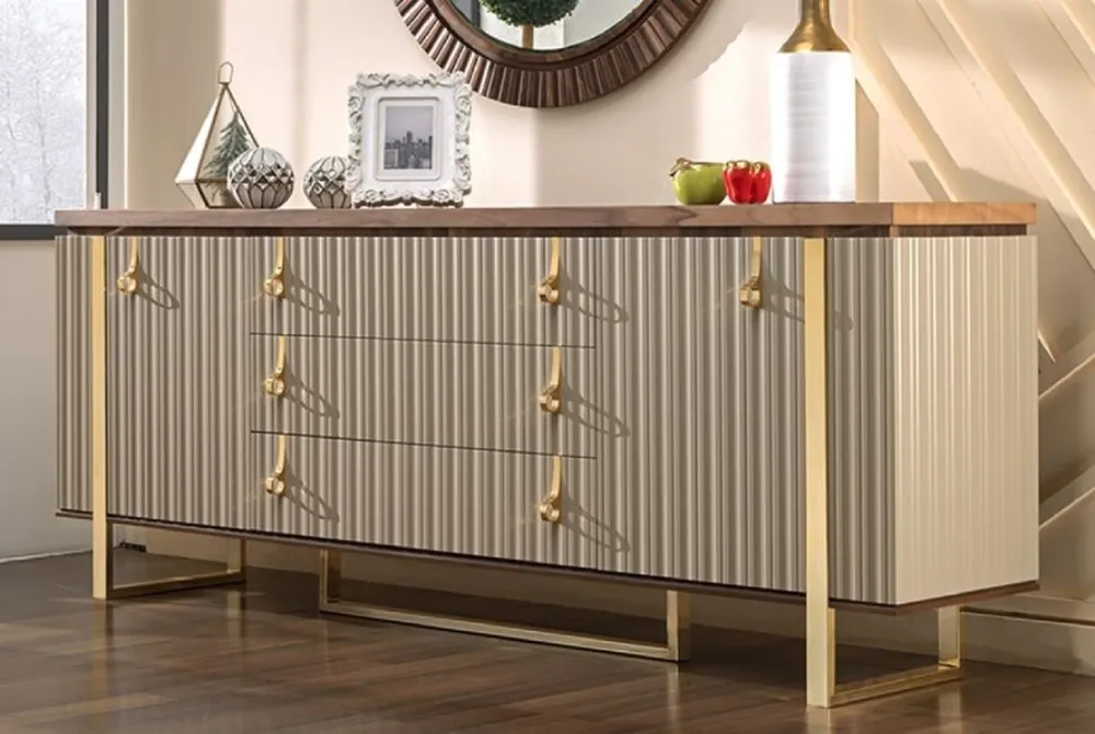 Casa Padrino luxury Art Deco sideboard gray / brown / gold 200 x 42 x H. 80 cm - Noble solid wood cabinet with 2 doors and 3 drawers - Art Deco furniture - Luxury furniture Mega-Angebot